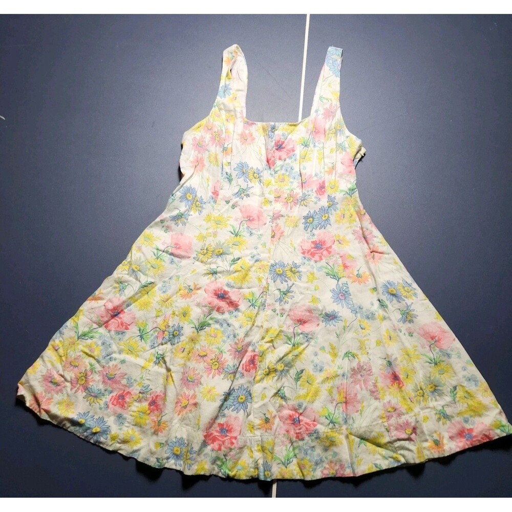Gap Womens XL Tall Square Neck Smocked Linen Cottagecore Floral Dress White